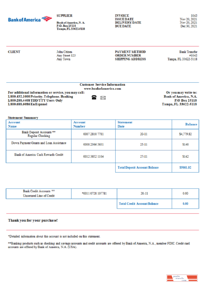 USA Bank of America invoice PSD template